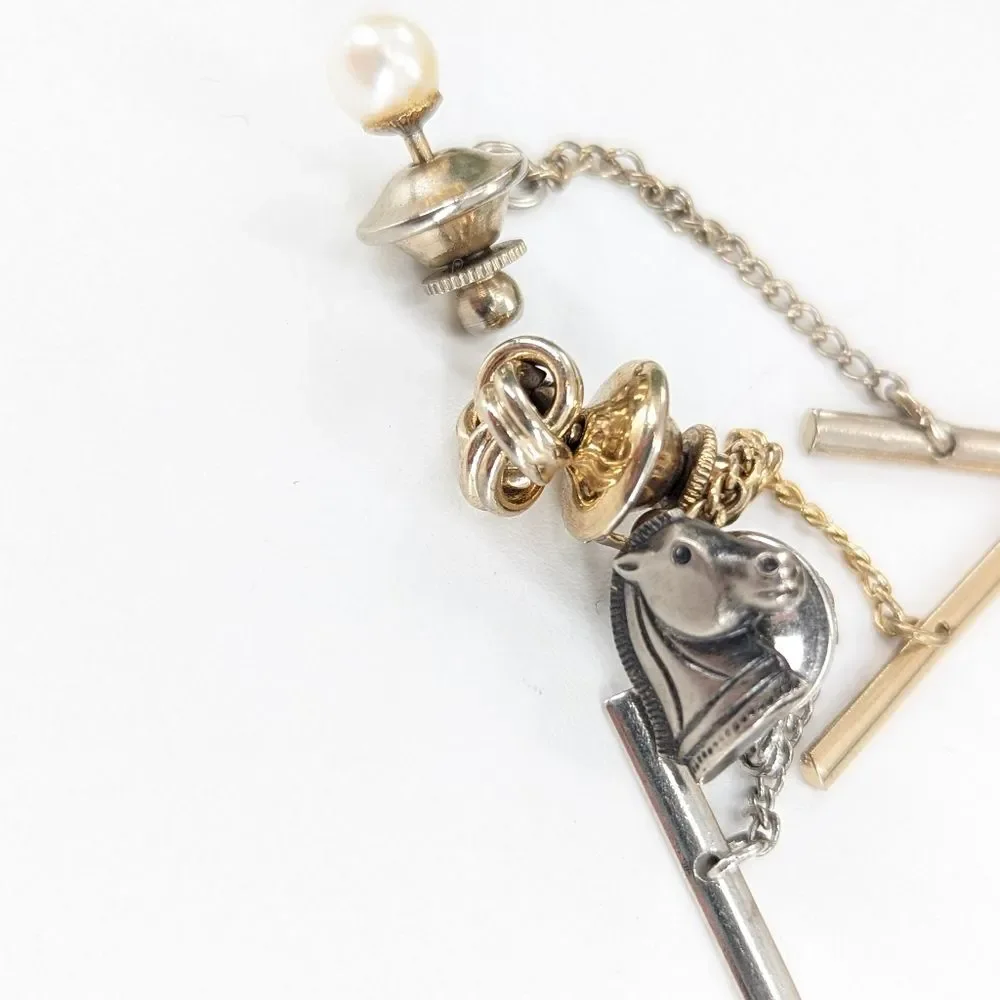 Vintage Bundle of 3 Tie Tacks Horse Pearl Knot Gold Silver